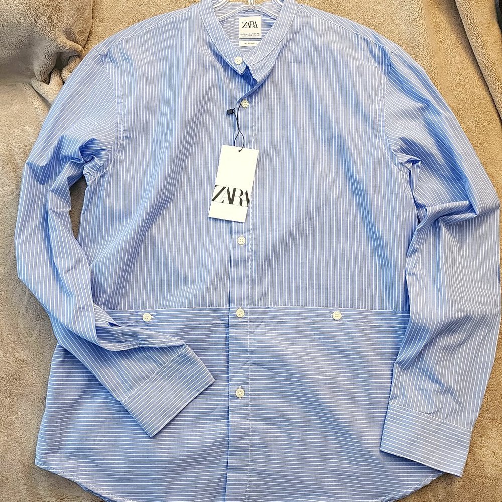 Men's Blue Striped Button-Down Long Sleeve Shirt - Zara